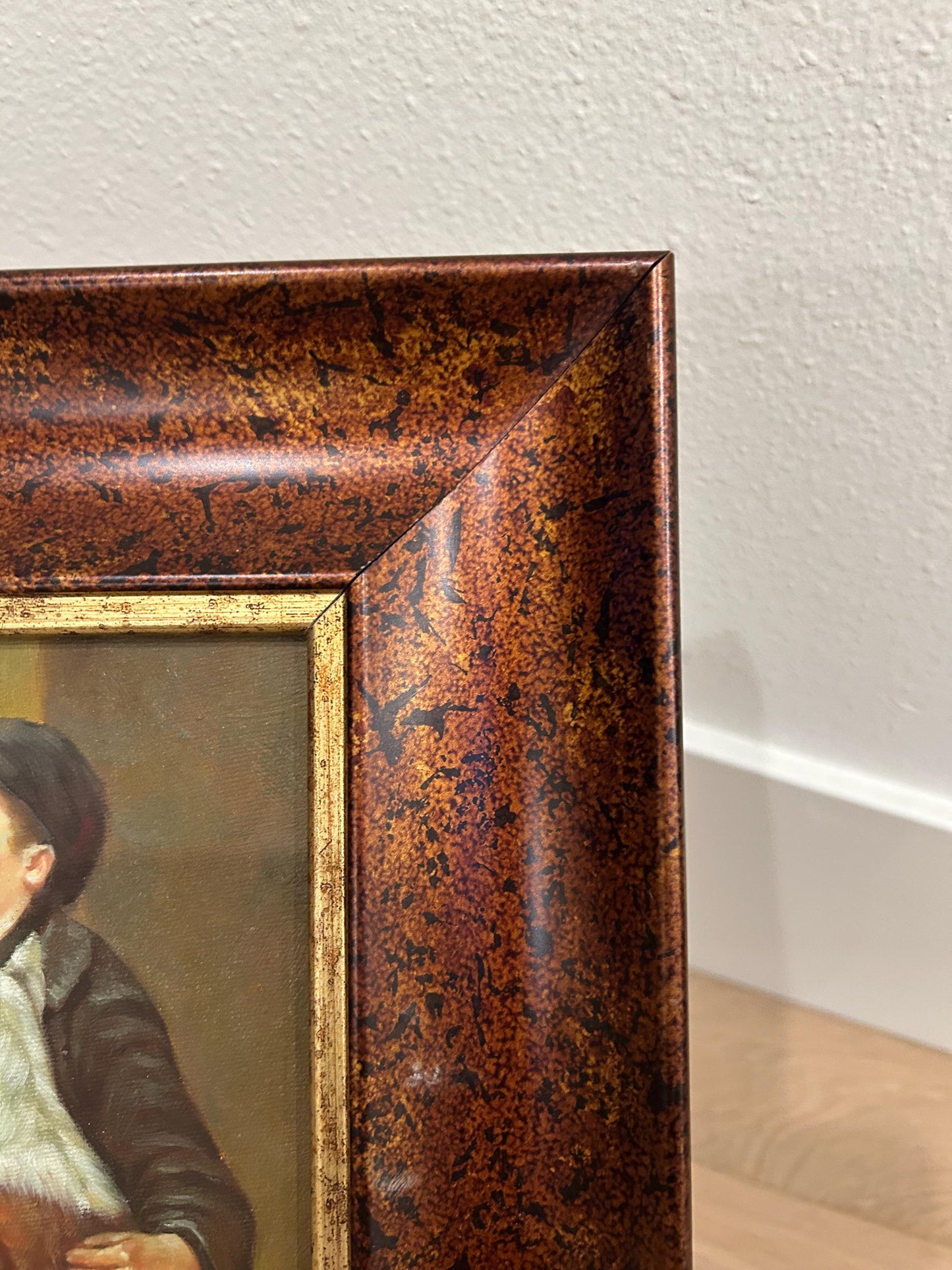 Hand-Painted Oil Reproduction Shoeshine Boy with Dog, Signed J. Morris, Framed Genre Painting, Victorian Street Scene Wall Art Decor