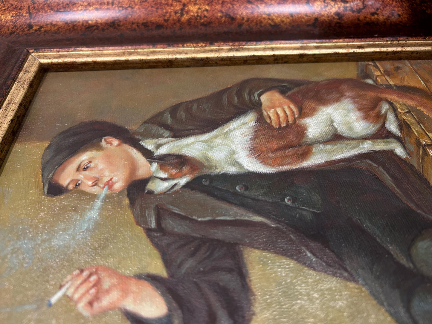 Hand-Painted Oil Reproduction Shoeshine Boy with Dog, Signed J. Morris, Framed Genre Painting, Victorian Street Scene Wall Art Decor