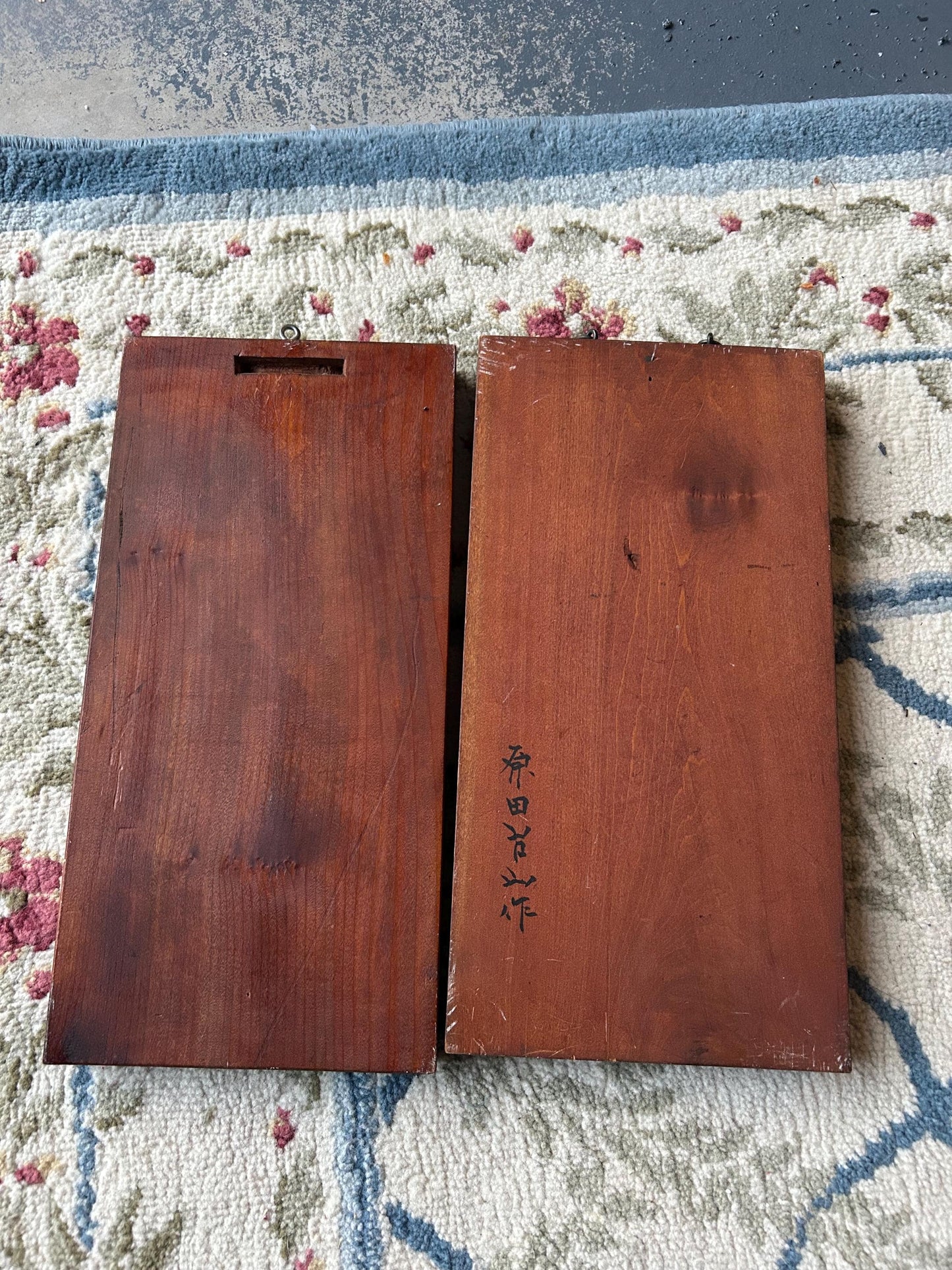Pair Vintage Japanese Kamakura-bori Wood Wall Plaques, Signed Sōzan, Sino-Japanese Antiquity Theme, Han Bronze Tile Motif, Scholar Estate