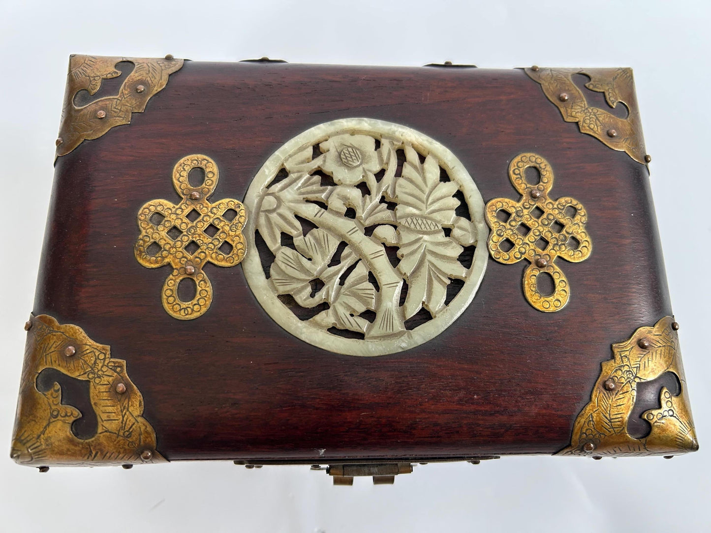 Vintage Chinese Rosewood Jewelry Box Carved Jade Brass Silk Lined