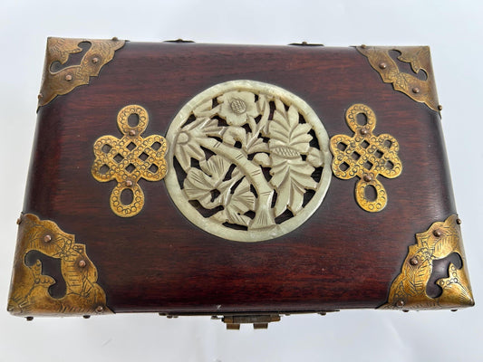 Vintage Chinese Rosewood Jewelry Box Carved Jade Brass Silk Lined