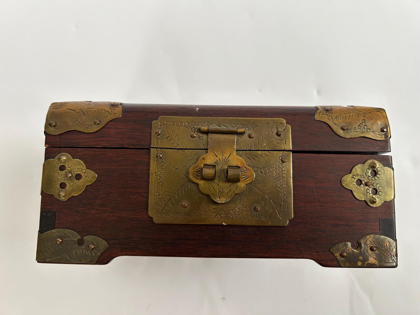 Vintage Chinese Rosewood Jewelry Box Carved Jade Brass Silk Lined