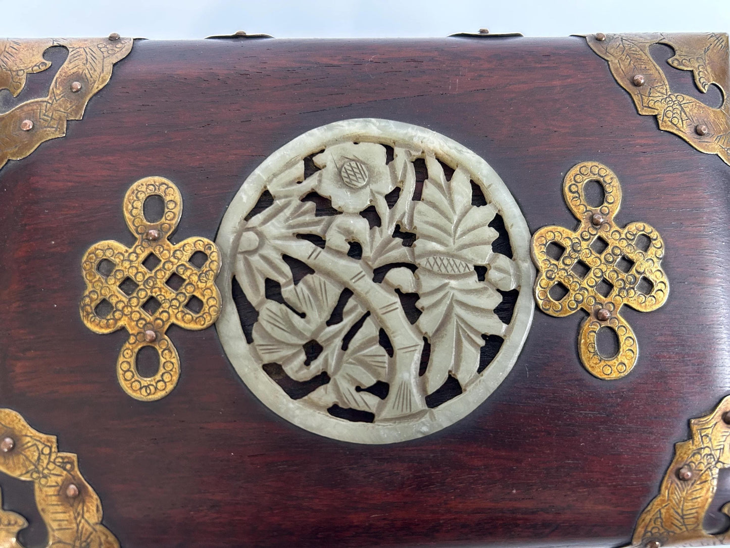 Vintage Chinese Rosewood Jewelry Box Carved Jade Brass Silk Lined