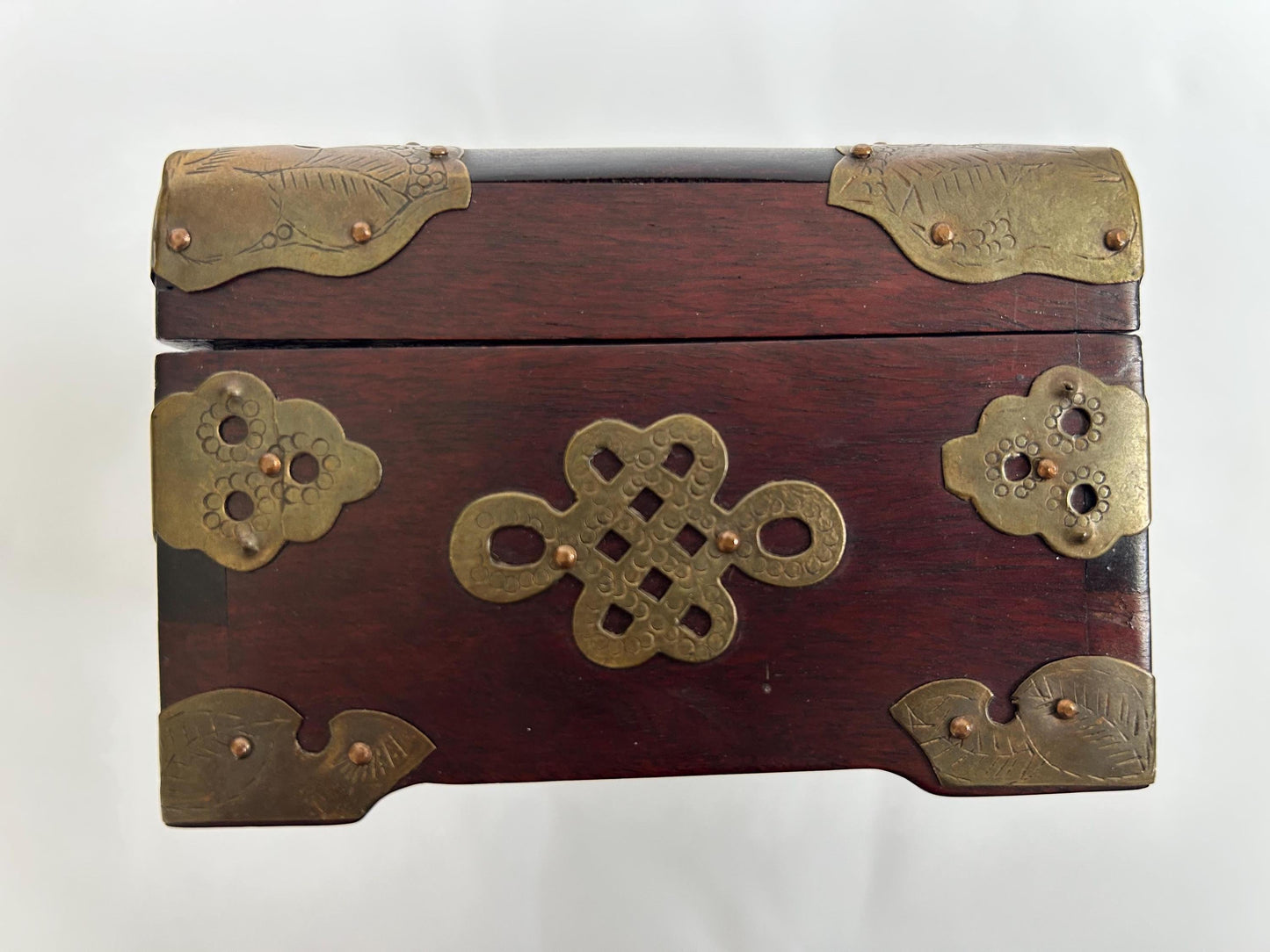 Vintage Chinese Rosewood Jewelry Box Carved Jade Brass Silk Lined