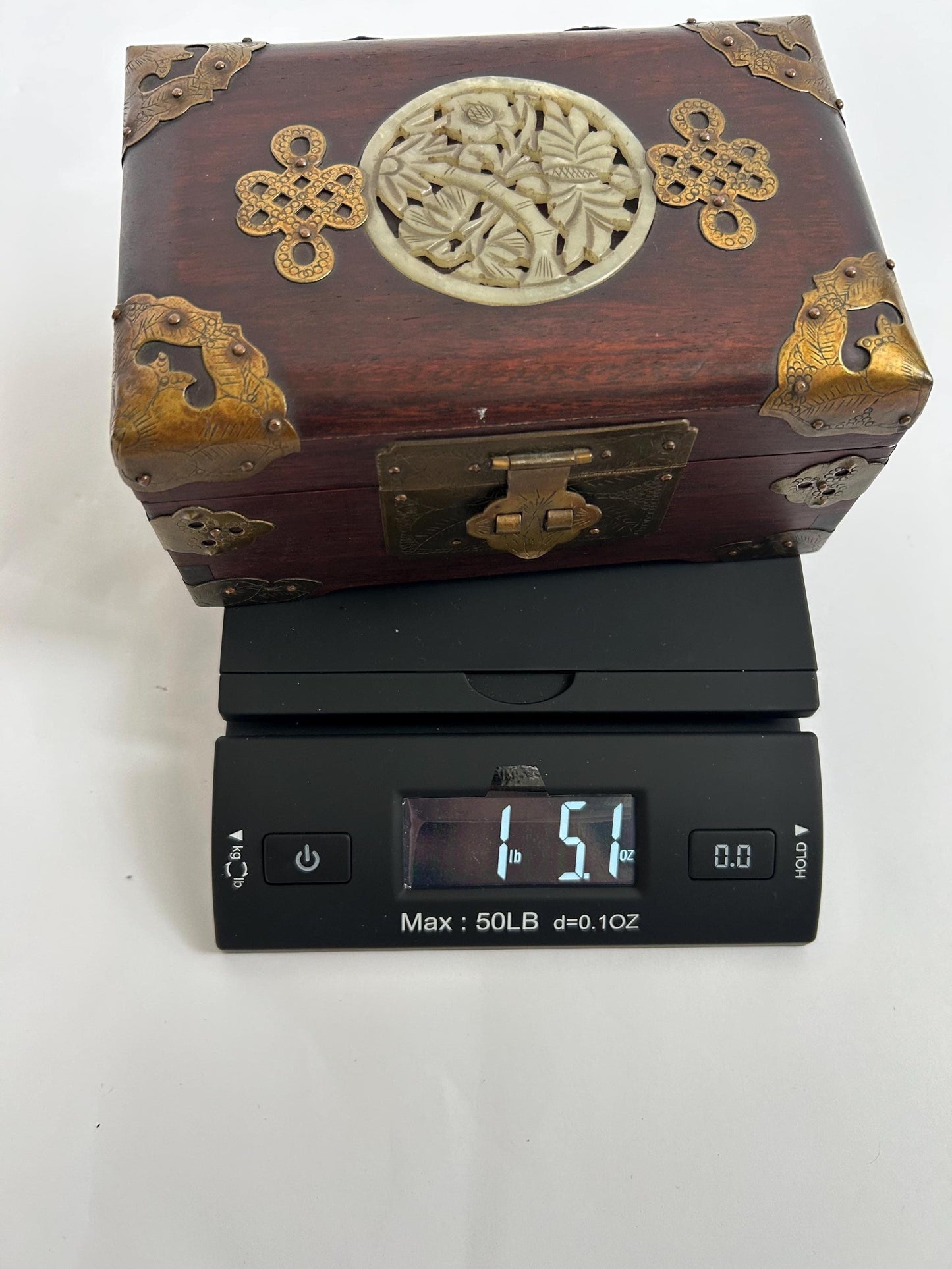 Vintage Chinese Rosewood Jewelry Box Carved Jade Brass Silk Lined