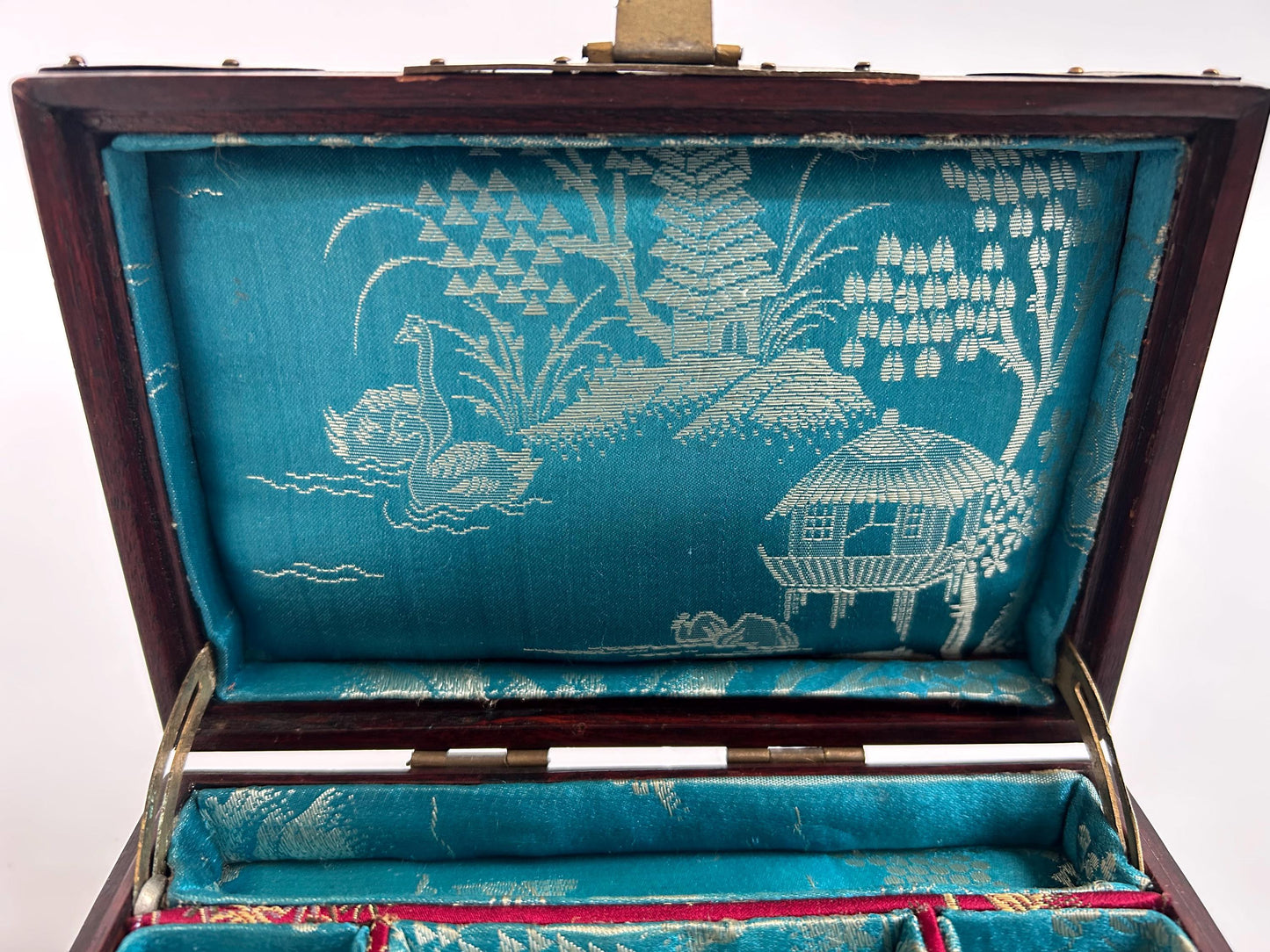 Vintage Chinese Rosewood Jewelry Box Carved Jade Brass Silk Lined