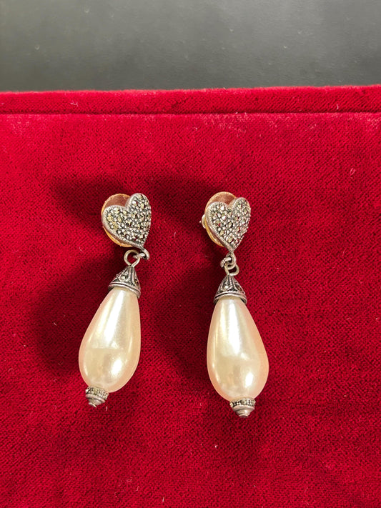 Vintage BOMA Sterling Silver Marcasite Pearl Drop Heart Earrings