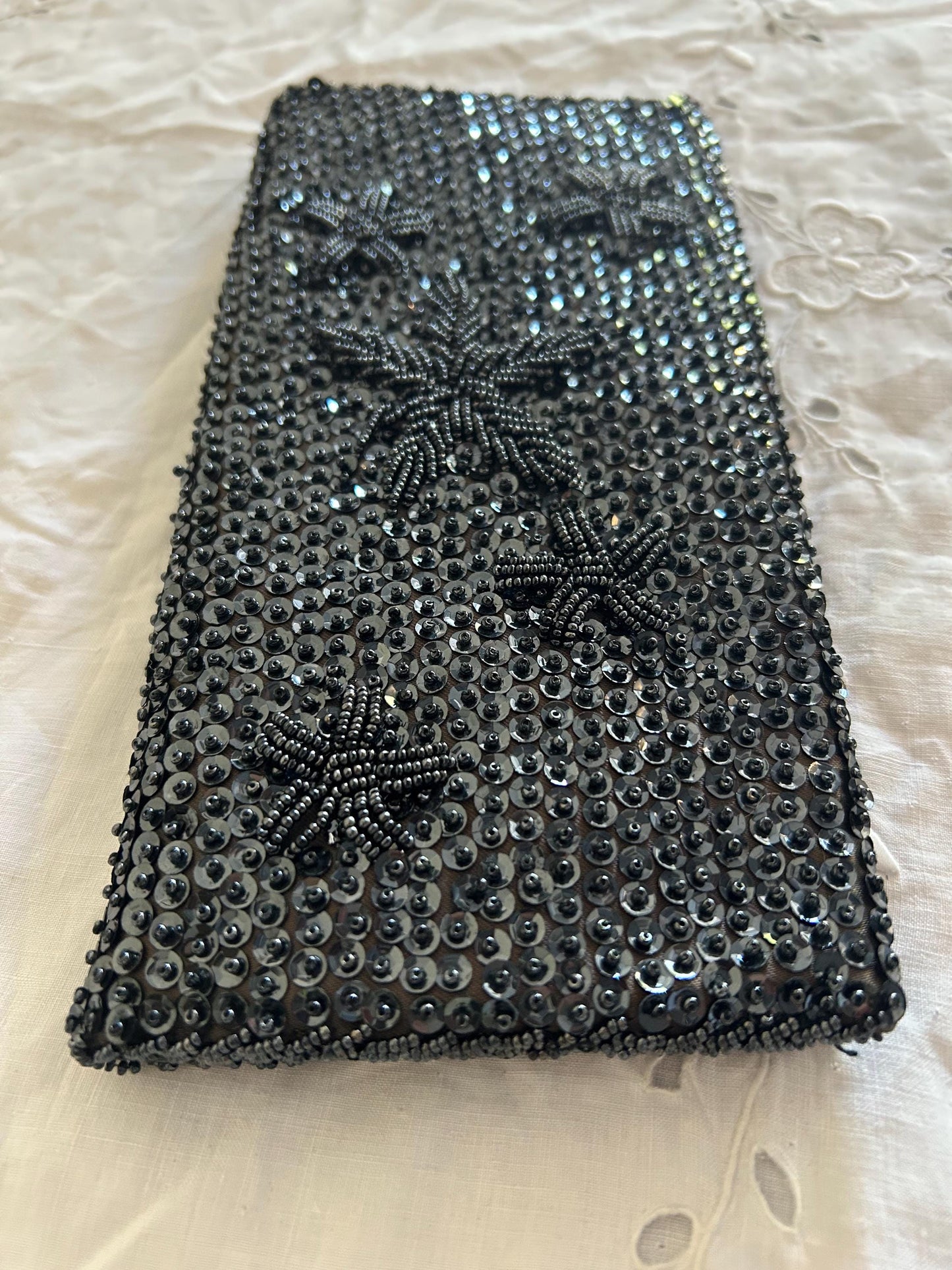 Vintage MM Kane Black Beaded Sequin Clutch, 1960s Hand-Beaded Evening Bag, Floral Star Burst Pattern, Scholar Estate Cocktail Purse
