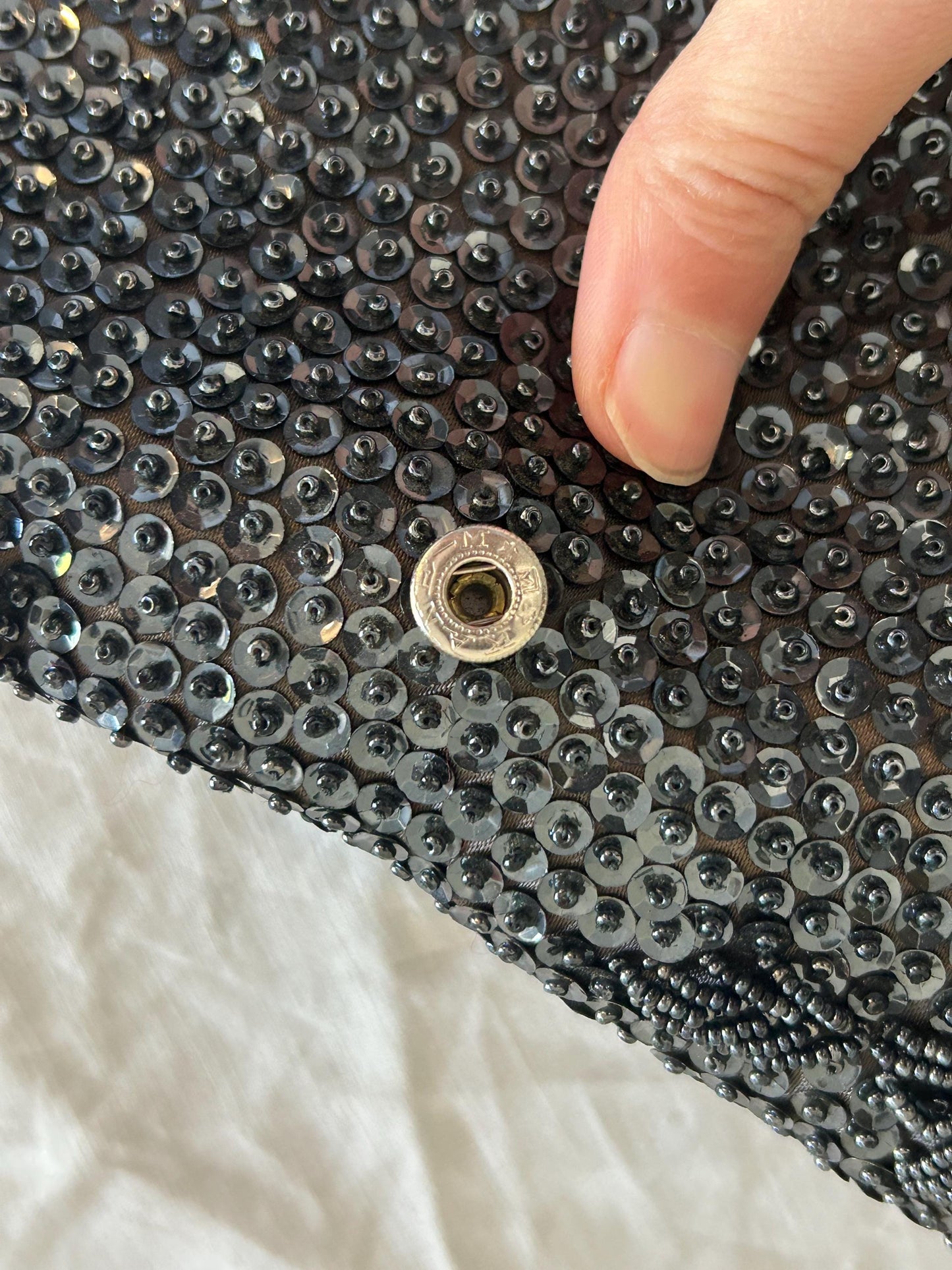 Vintage MM Kane Black Beaded Sequin Clutch, 1960s Hand-Beaded Evening Bag, Floral Star Burst Pattern, Scholar Estate Cocktail Purse