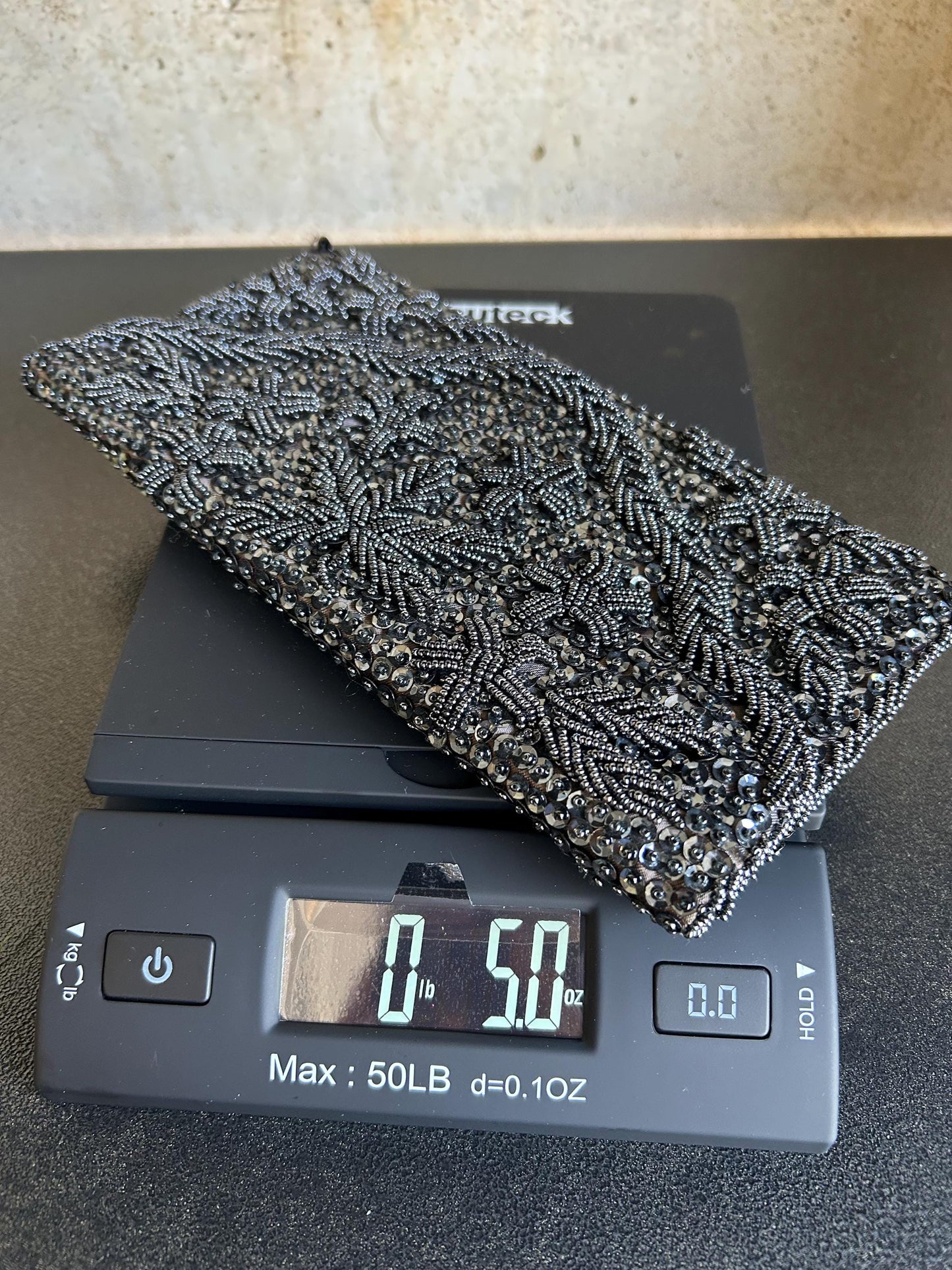 Vintage MM Kane Black Beaded Sequin Clutch, 1960s Hand-Beaded Evening Bag, Floral Star Burst Pattern, Scholar Estate Cocktail Purse
