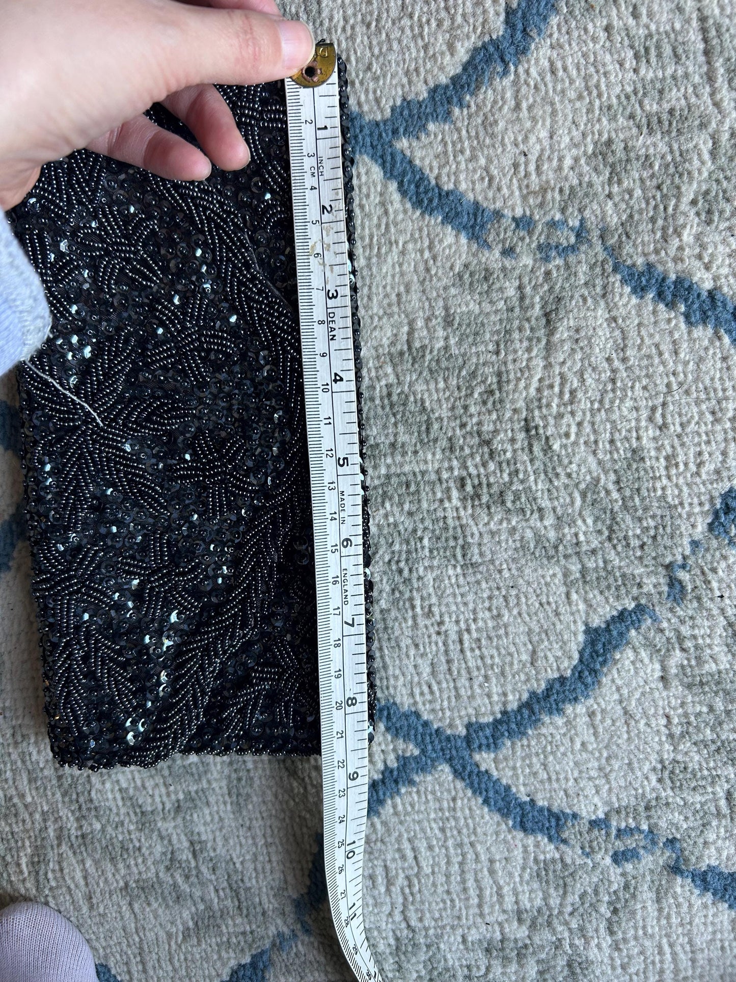 Vintage MM Kane Black Beaded Sequin Clutch, 1960s Hand-Beaded Evening Bag, Floral Star Burst Pattern, Scholar Estate Cocktail Purse