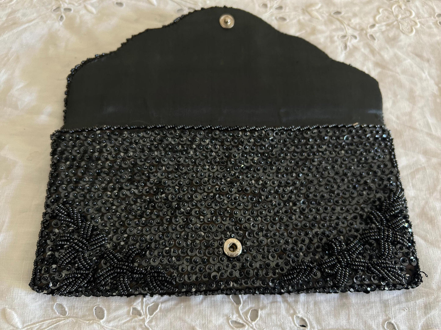 Vintage MM Kane Black Beaded Sequin Clutch, 1960s Hand-Beaded Evening Bag, Floral Star Burst Pattern, Scholar Estate Cocktail Purse