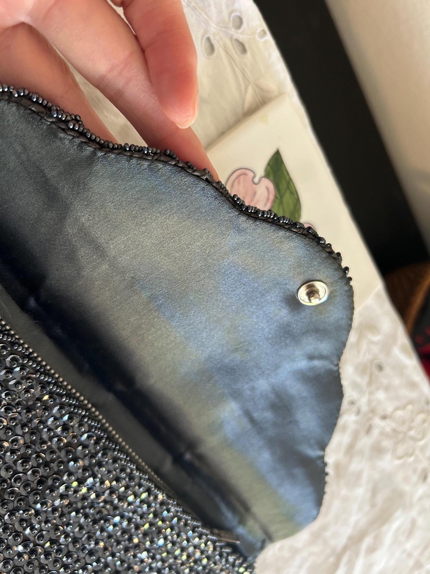 Vintage MM Kane Black Beaded Sequin Clutch, 1960s Hand-Beaded Evening Bag, Floral Star Burst Pattern, Scholar Estate Cocktail Purse