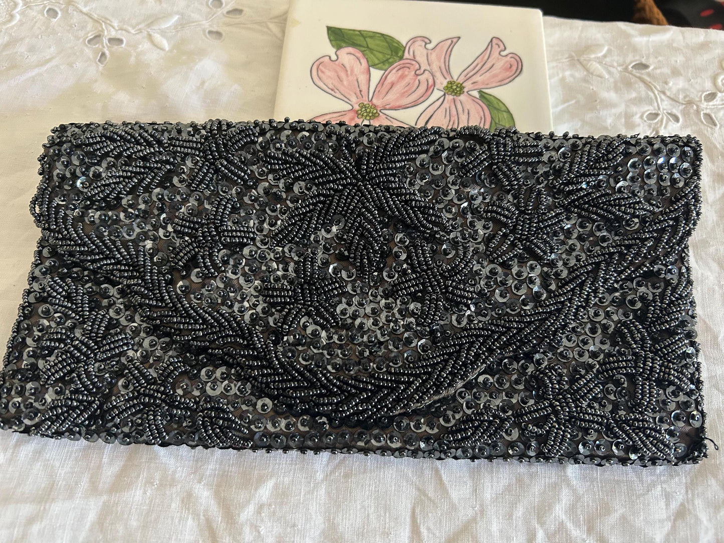 Vintage MM Kane Black Beaded Sequin Clutch, 1960s Hand-Beaded Evening Bag, Floral Star Burst Pattern, Scholar Estate Cocktail Purse