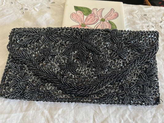 Vintage MM Kane Black Beaded Sequin Clutch, 1960s Hand-Beaded Evening Bag, Floral Star Burst Pattern, Scholar Estate Cocktail Purse