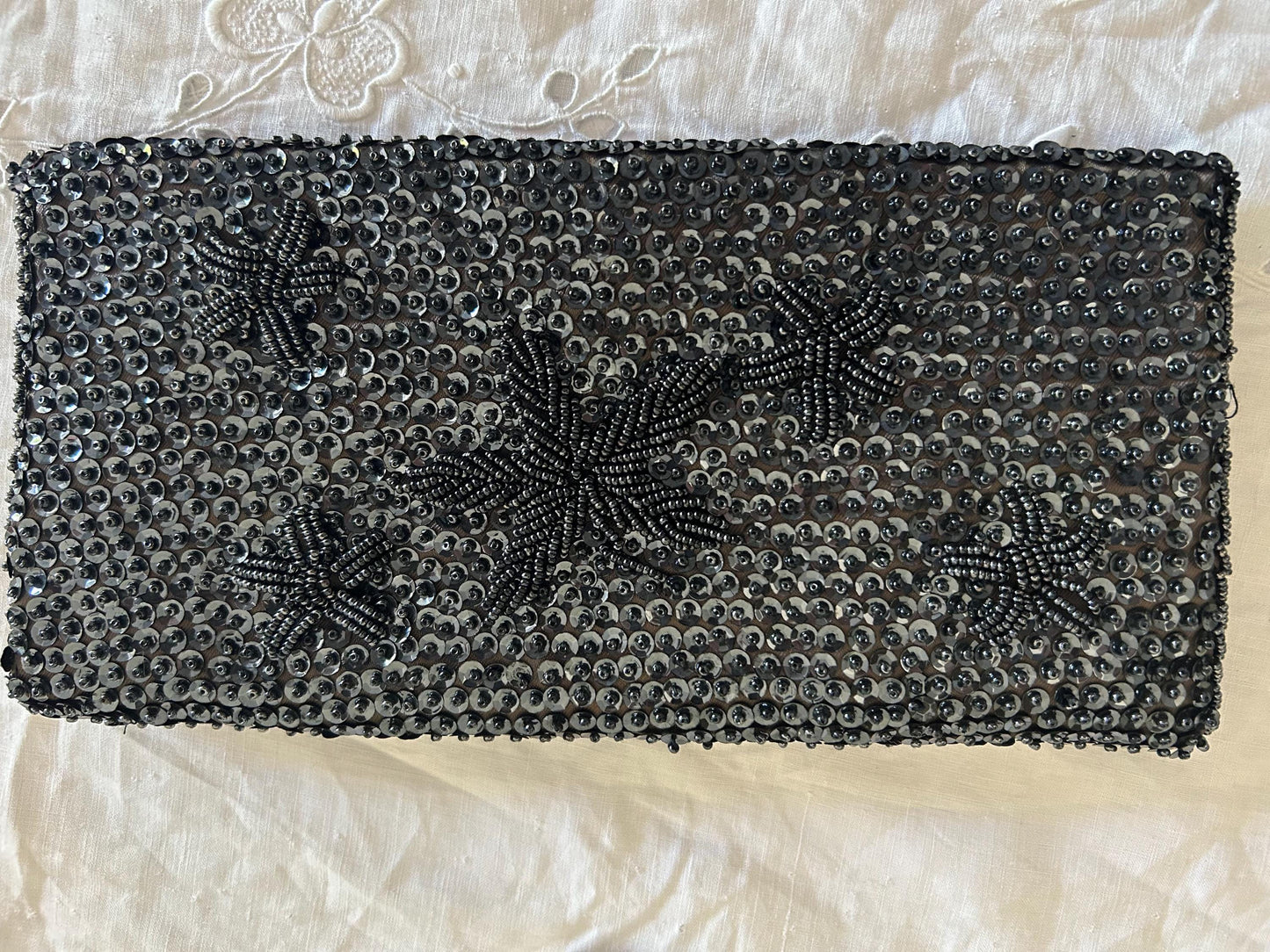 Vintage MM Kane Black Beaded Sequin Clutch, 1960s Hand-Beaded Evening Bag, Floral Star Burst Pattern, Scholar Estate Cocktail Purse