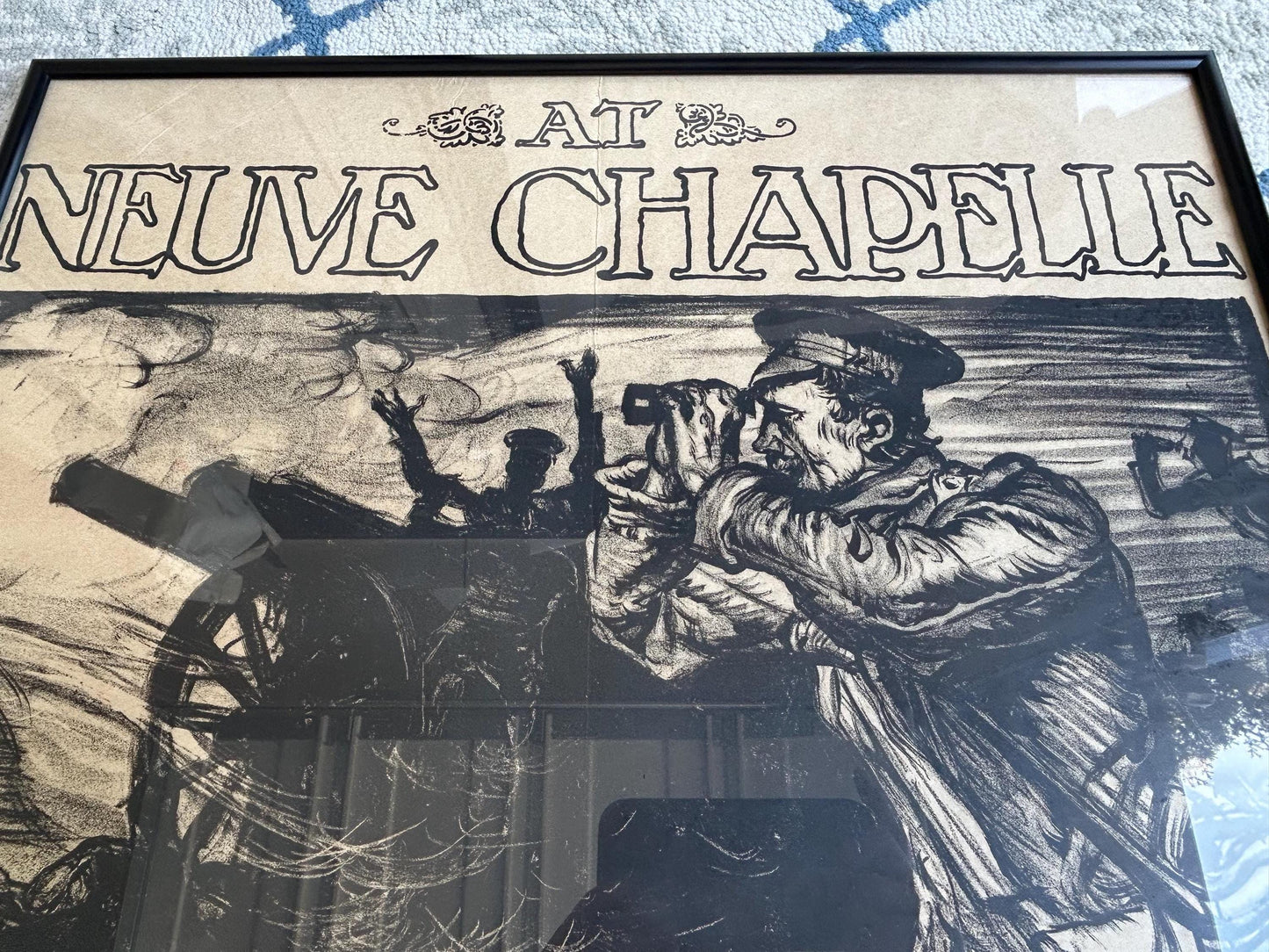 Antique 1915 Frank Brangwyn WWI Poster, At Neuve Chapelle, Original British Recruitment Lithograph, Avenue Press London, Framed Estate