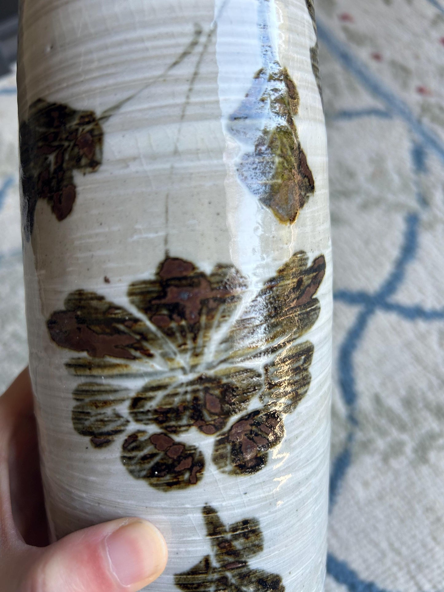 Vintage Japanese Happu-yaki Pottery Vase, Signed Kizan, Hand-Painted Floral Iron-Glaze, Mid-Century Studio Ikebana Hanaire Bottle Vase