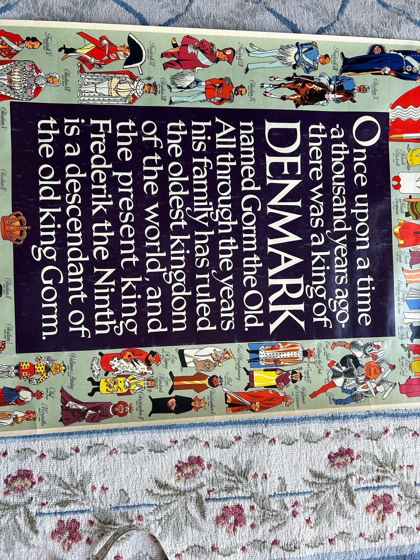 Original 1950s Denmark Royal Lineage Poster - Thelander Illustration - Mid-Century Danish Travel Art - Gorm the Old to Frederik IX