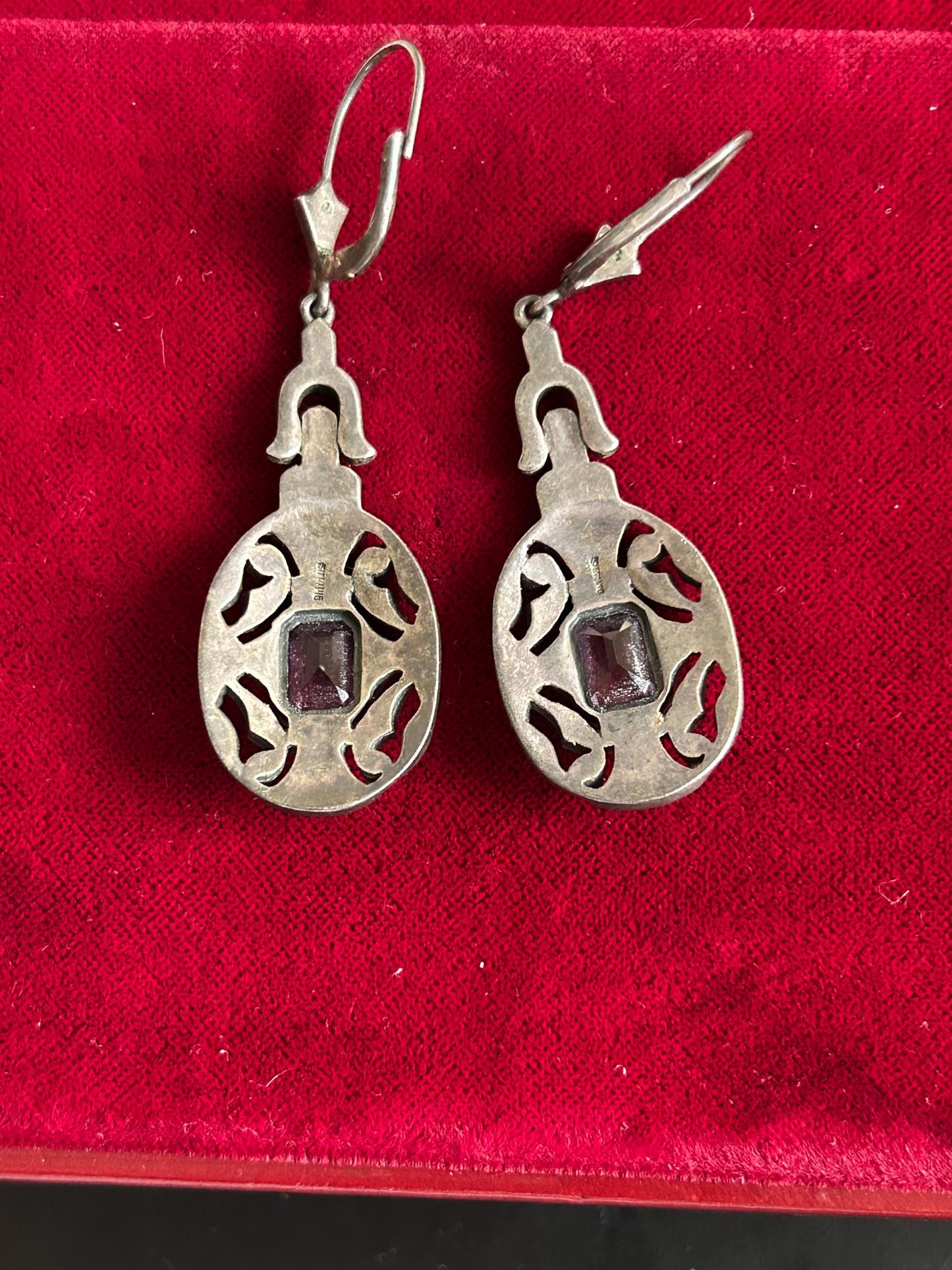 Antique Art Deco Sterling Silver Amethyst Marcasite Drop Earrings