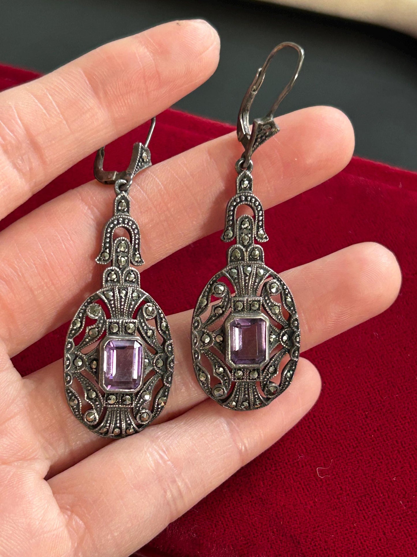 Antique Art Deco Sterling Silver Amethyst Marcasite Drop Earrings