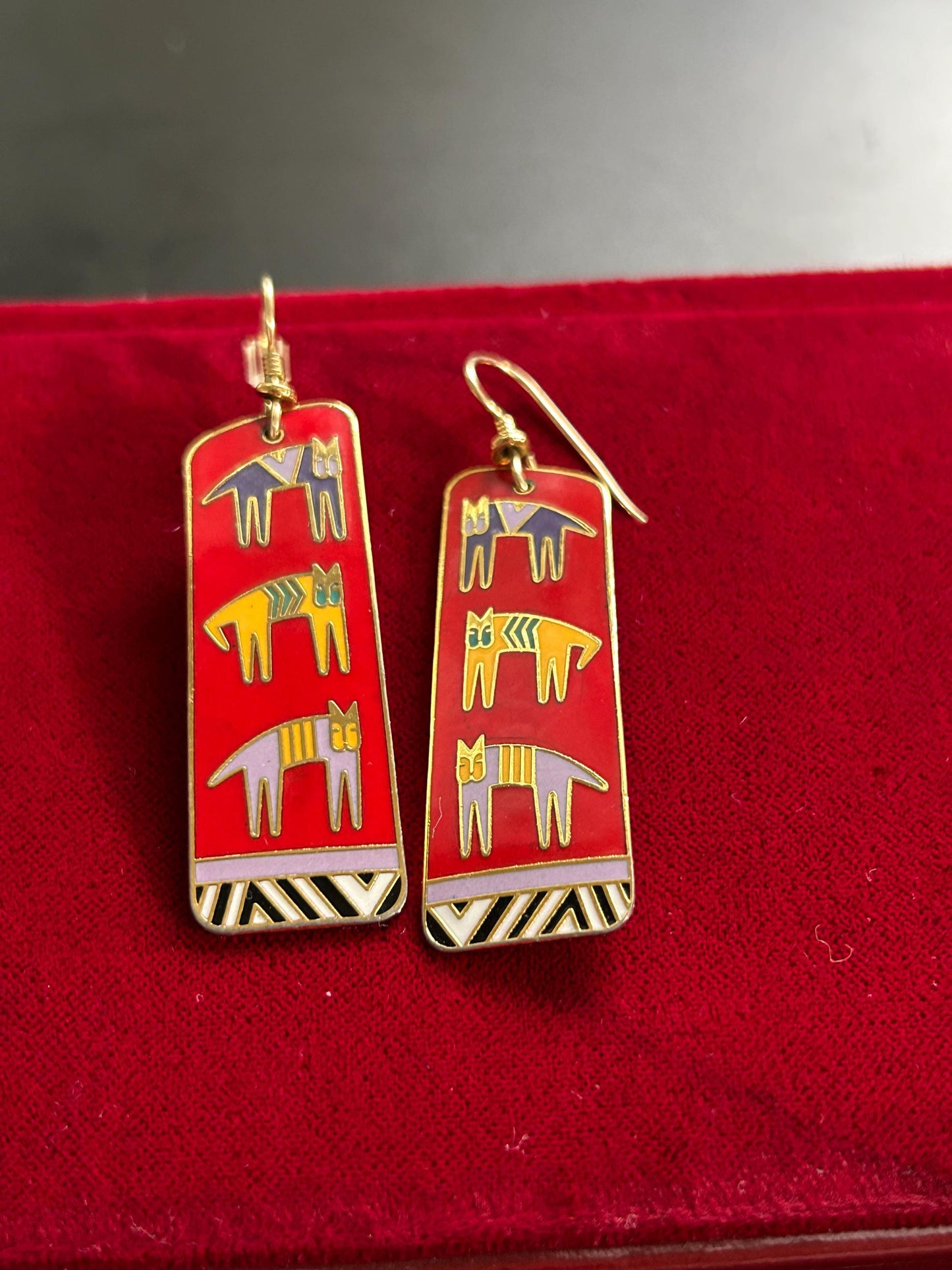 Vintage Laurel Burch Hieroglyphic Cats Cloisonne Enamel Earrings
