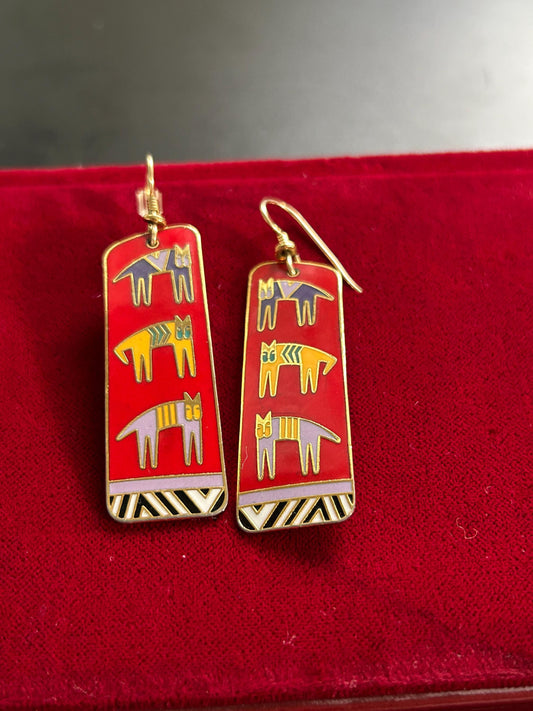 Vintage Laurel Burch Hieroglyphic Cats Cloisonne Enamel Earrings