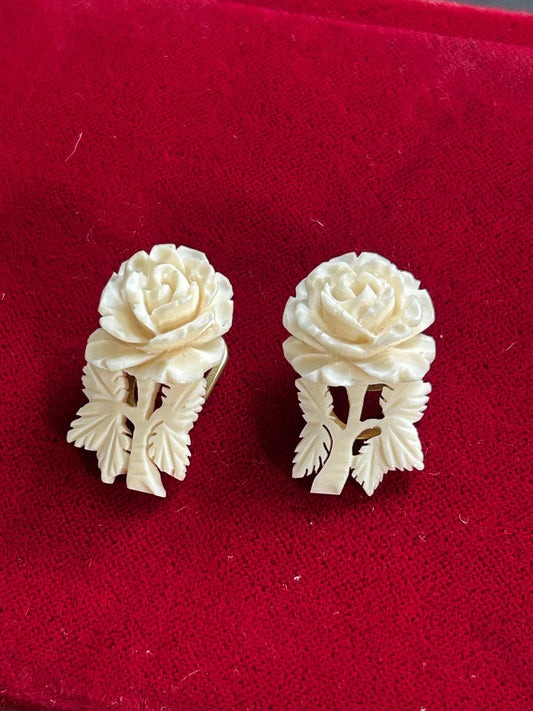 Vintage Hand Carved Rose Brooch Clip Earrings Set Floral Demi Parure