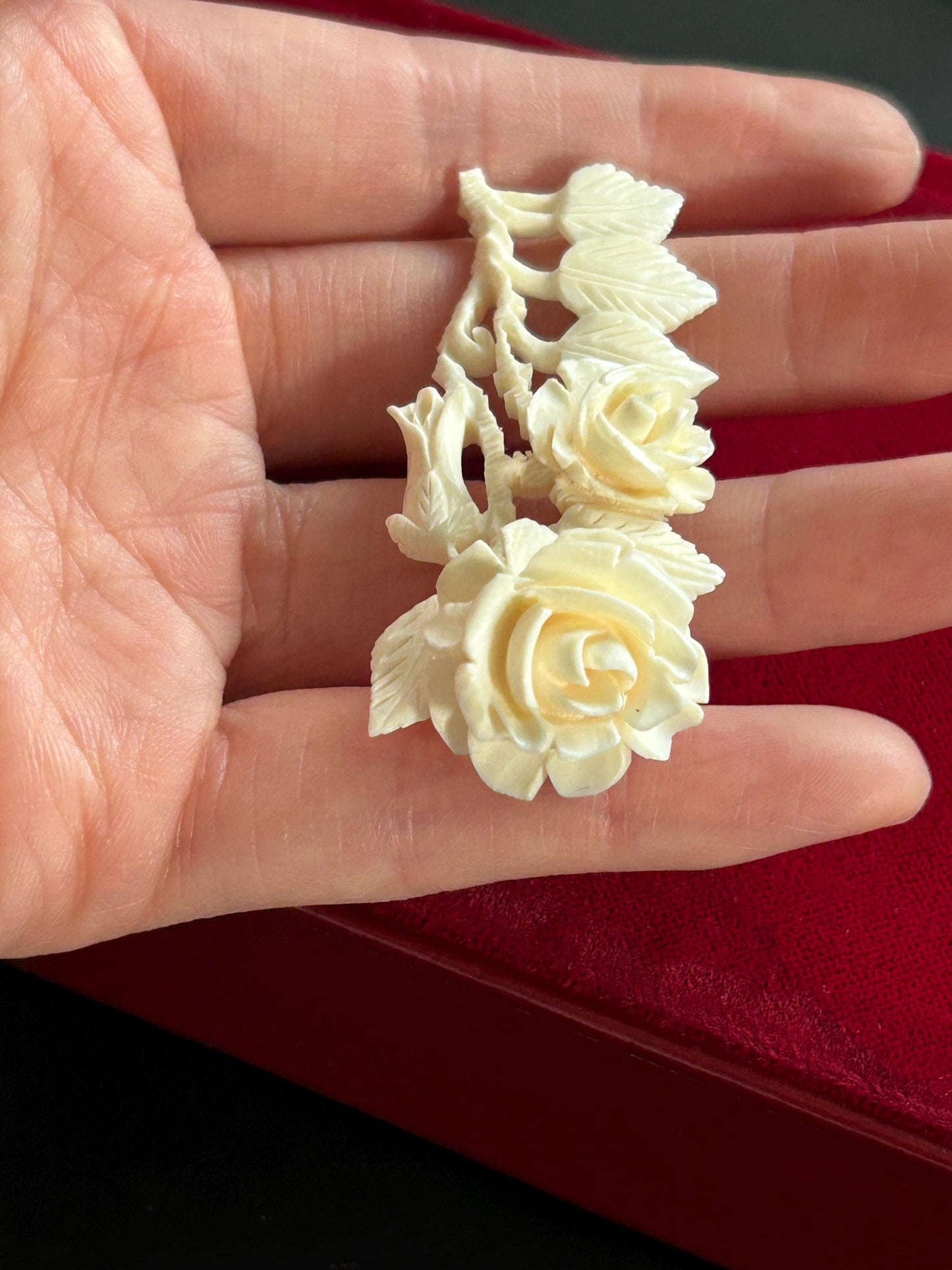 Vintage Hand Carved Rose Brooch Clip Earrings Set Floral Demi Parure