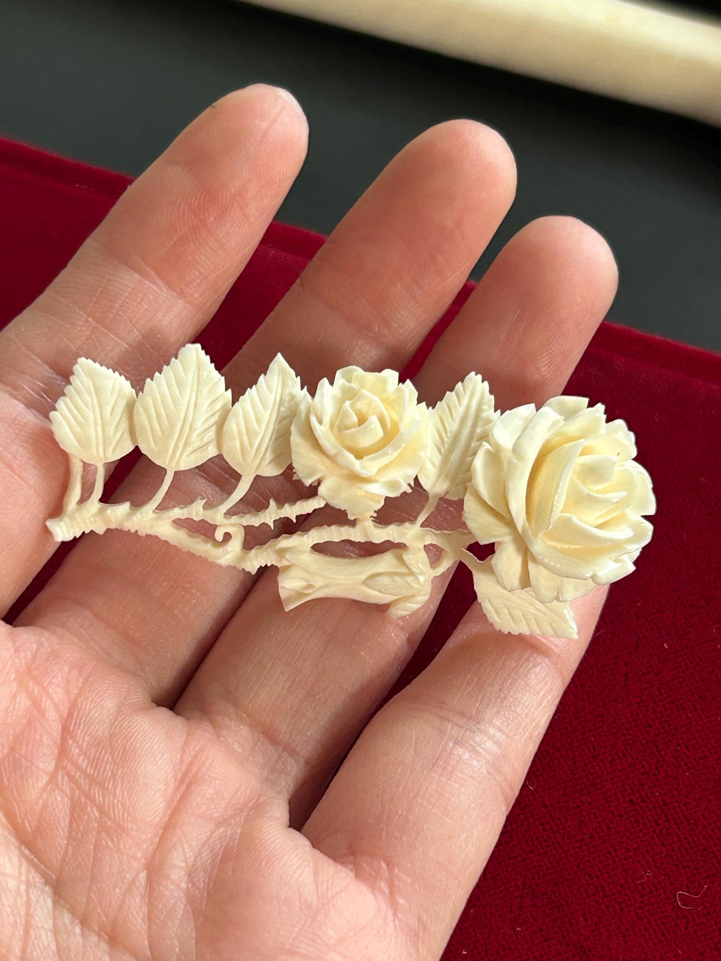 Vintage Hand Carved Rose Brooch Clip Earrings Set Floral Demi Parure