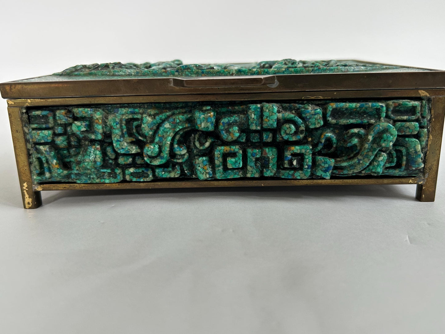 El Arte Azteca Brass Malachite Hinged Box Mexico Vintage MCM 1960s Aztec