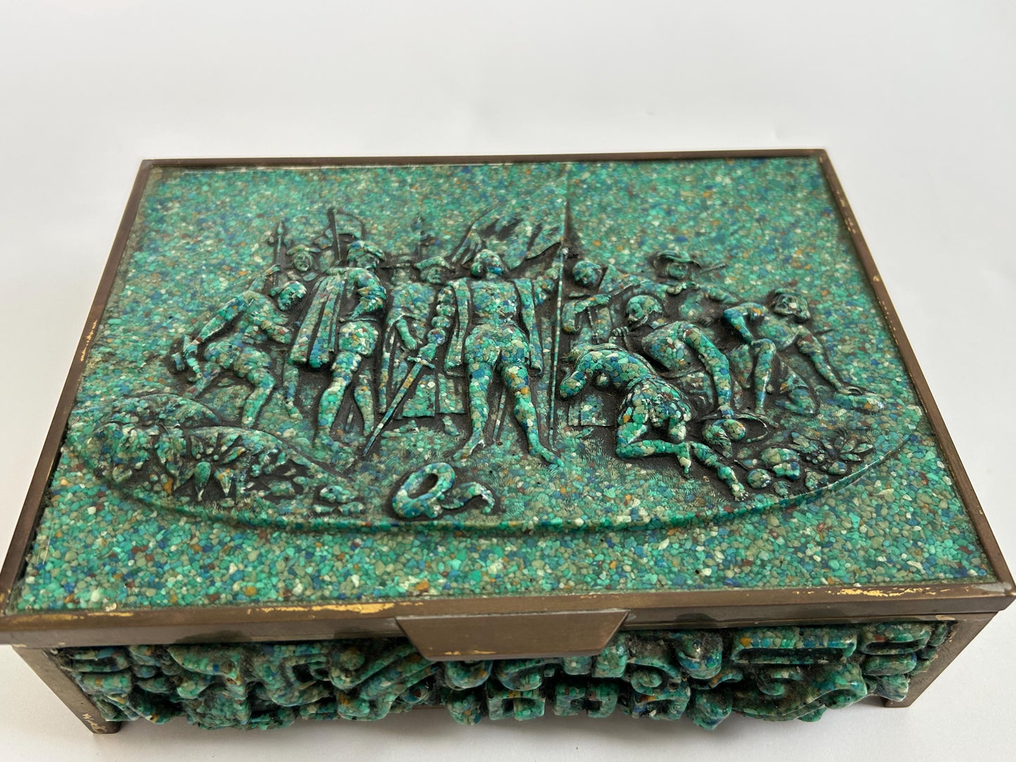 El Arte Azteca Brass Malachite Hinged Box Mexico Vintage MCM 1960s Aztec