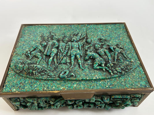 El Arte Azteca Brass Malachite Hinged Box Mexico Vintage MCM 1960s Aztec