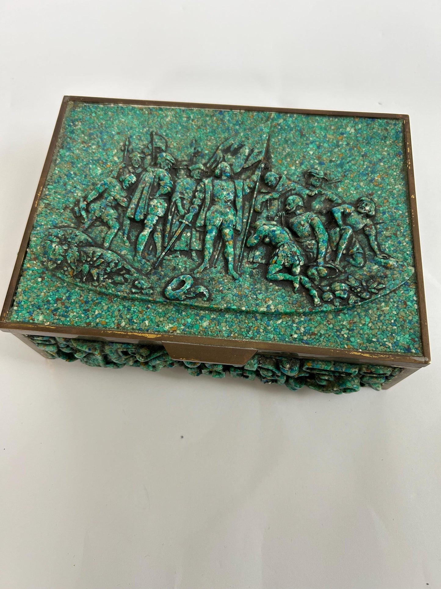 El Arte Azteca Brass Malachite Hinged Box Mexico Vintage MCM 1960s Aztec
