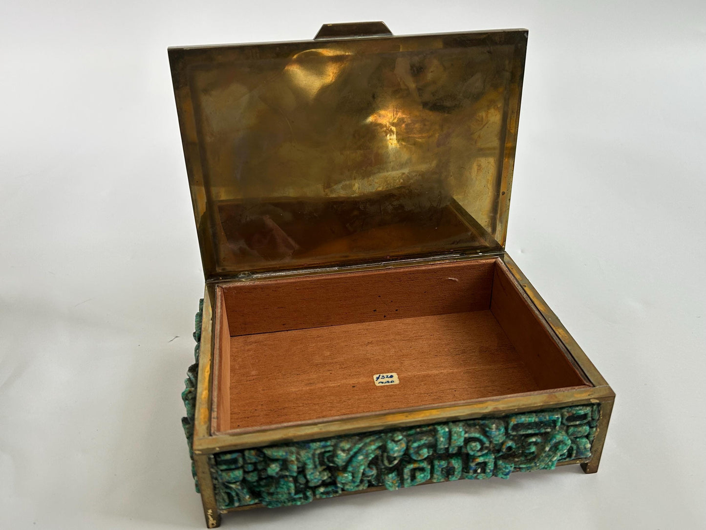 El Arte Azteca Brass Malachite Hinged Box Mexico Vintage MCM 1960s Aztec