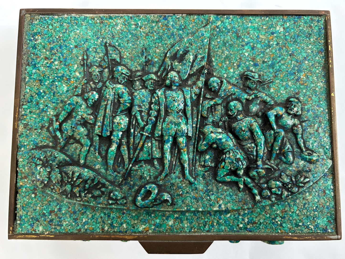 El Arte Azteca Brass Malachite Hinged Box Mexico Vintage MCM 1960s Aztec