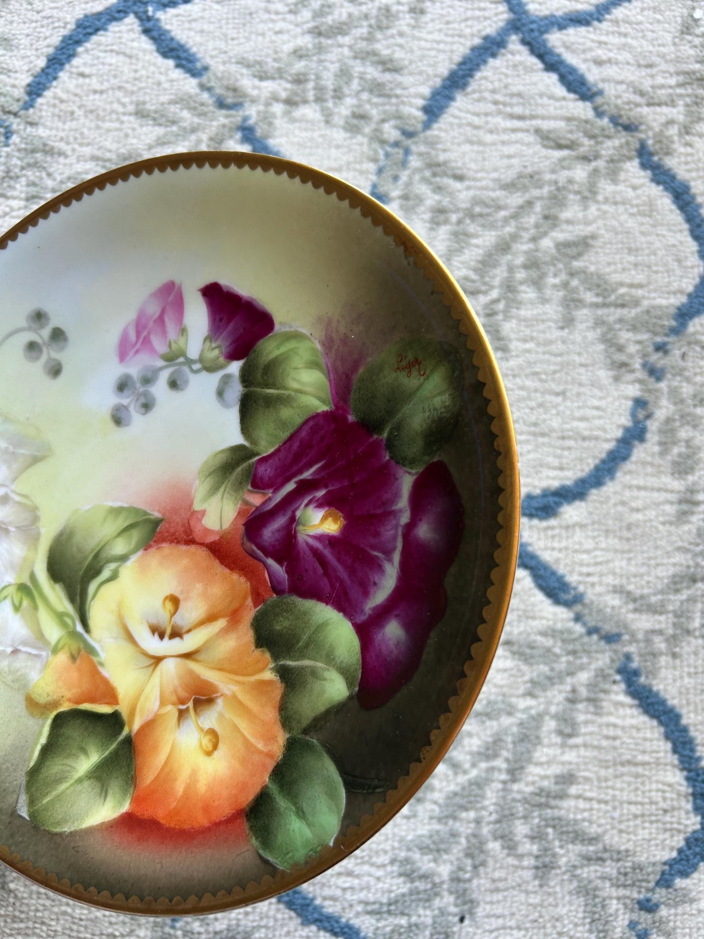 Antique T&V Limoges Hand Painted Morning Glories Plate, Signed Léger, Gold Gilt Cabinet Plate, French Porcelain c. 1900, Floral Wall Art