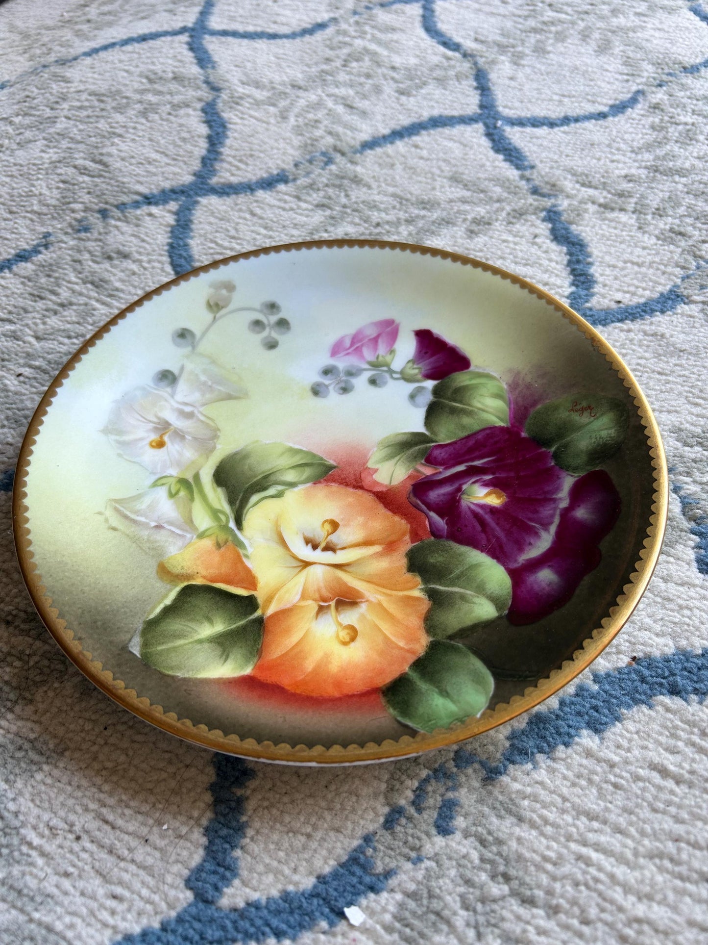 Antique T&V Limoges Hand Painted Morning Glories Plate, Signed Léger, Gold Gilt Cabinet Plate, French Porcelain c. 1900, Floral Wall Art