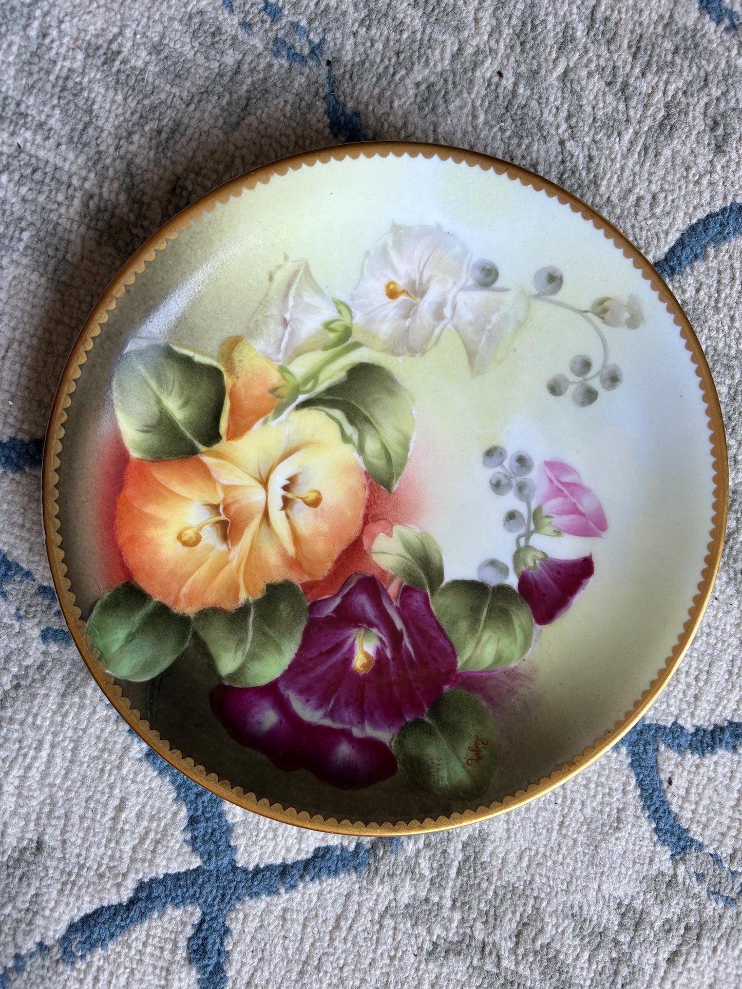 Antique T&V Limoges Hand Painted Morning Glories Plate, Signed Léger, Gold Gilt Cabinet Plate, French Porcelain c. 1900, Floral Wall Art
