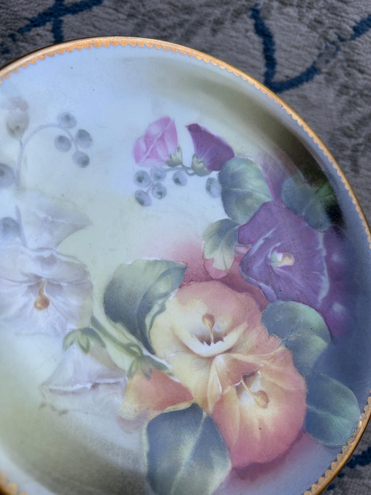 Antique T&V Limoges Hand Painted Morning Glories Plate, Signed Léger, Gold Gilt Cabinet Plate, French Porcelain c. 1900, Floral Wall Art