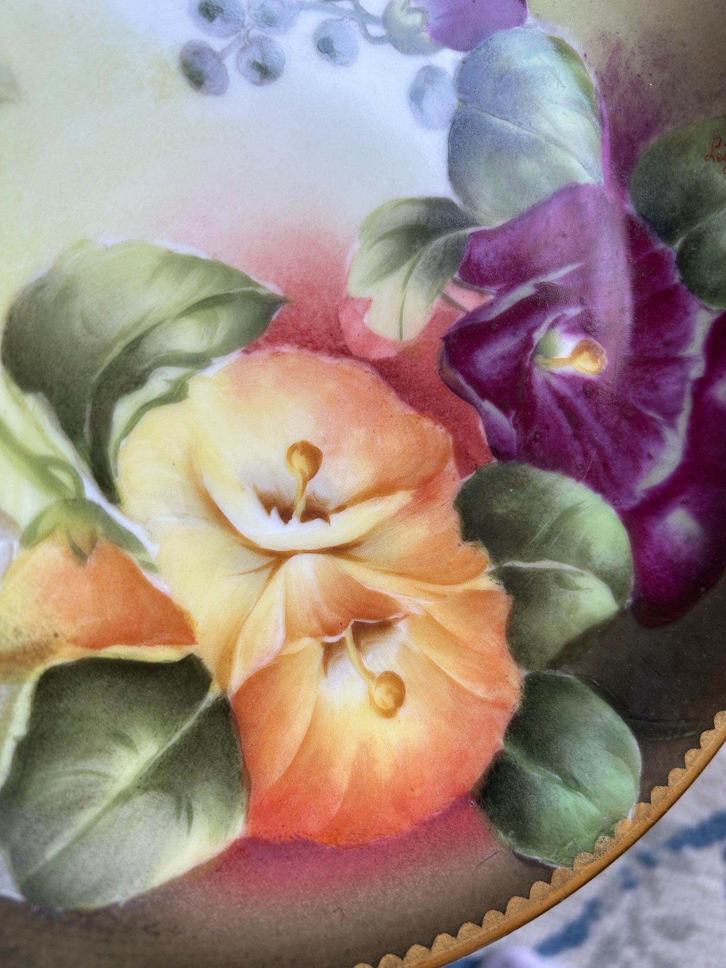 Antique T&V Limoges Hand Painted Morning Glories Plate, Signed Léger, Gold Gilt Cabinet Plate, French Porcelain c. 1900, Floral Wall Art