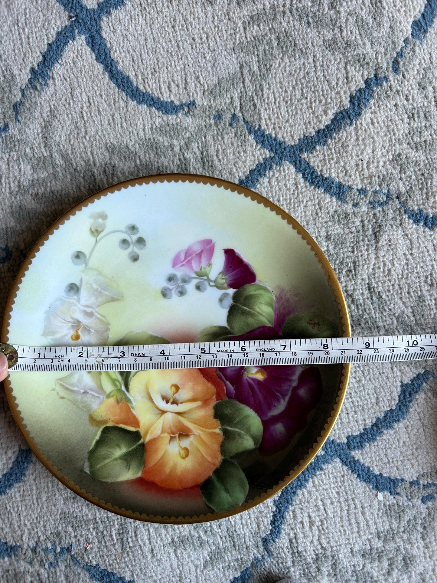 Antique T&V Limoges Hand Painted Morning Glories Plate, Signed Léger, Gold Gilt Cabinet Plate, French Porcelain c. 1900, Floral Wall Art