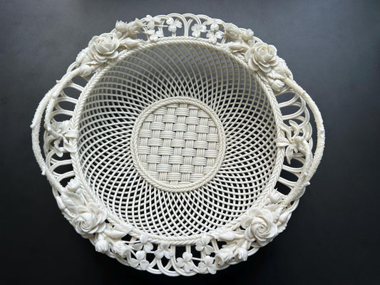 Antique Belleek Basket c.1921-1954, Hand-Woven Irish Porcelain, Applied Roses Shamrocks, 4-Strand Black Mark Era, Fermanagh Ireland