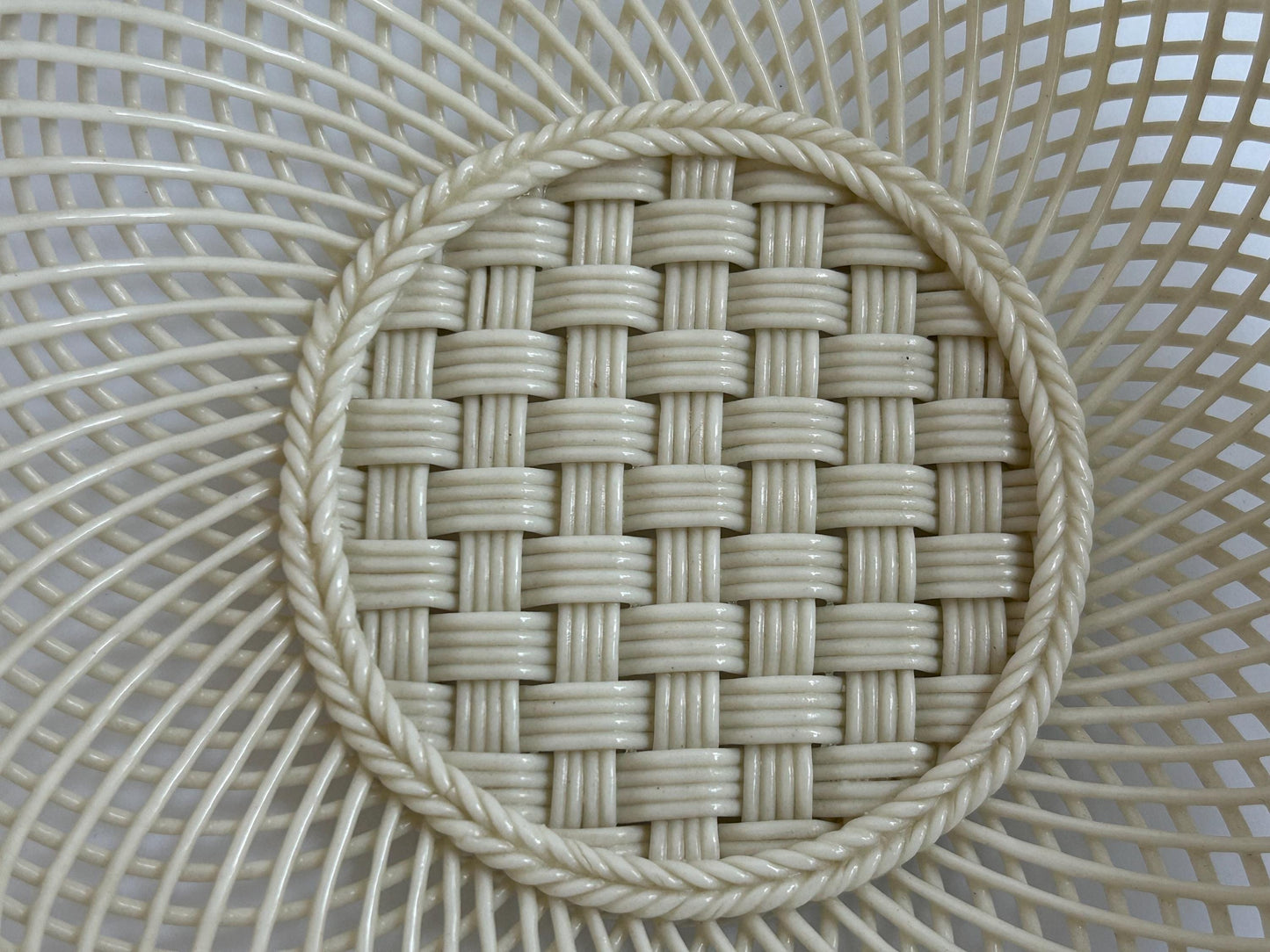 Antique Belleek Basket c.1921-1954, Hand-Woven Irish Porcelain, Applied Roses Shamrocks, 4-Strand Black Mark Era, Fermanagh Ireland