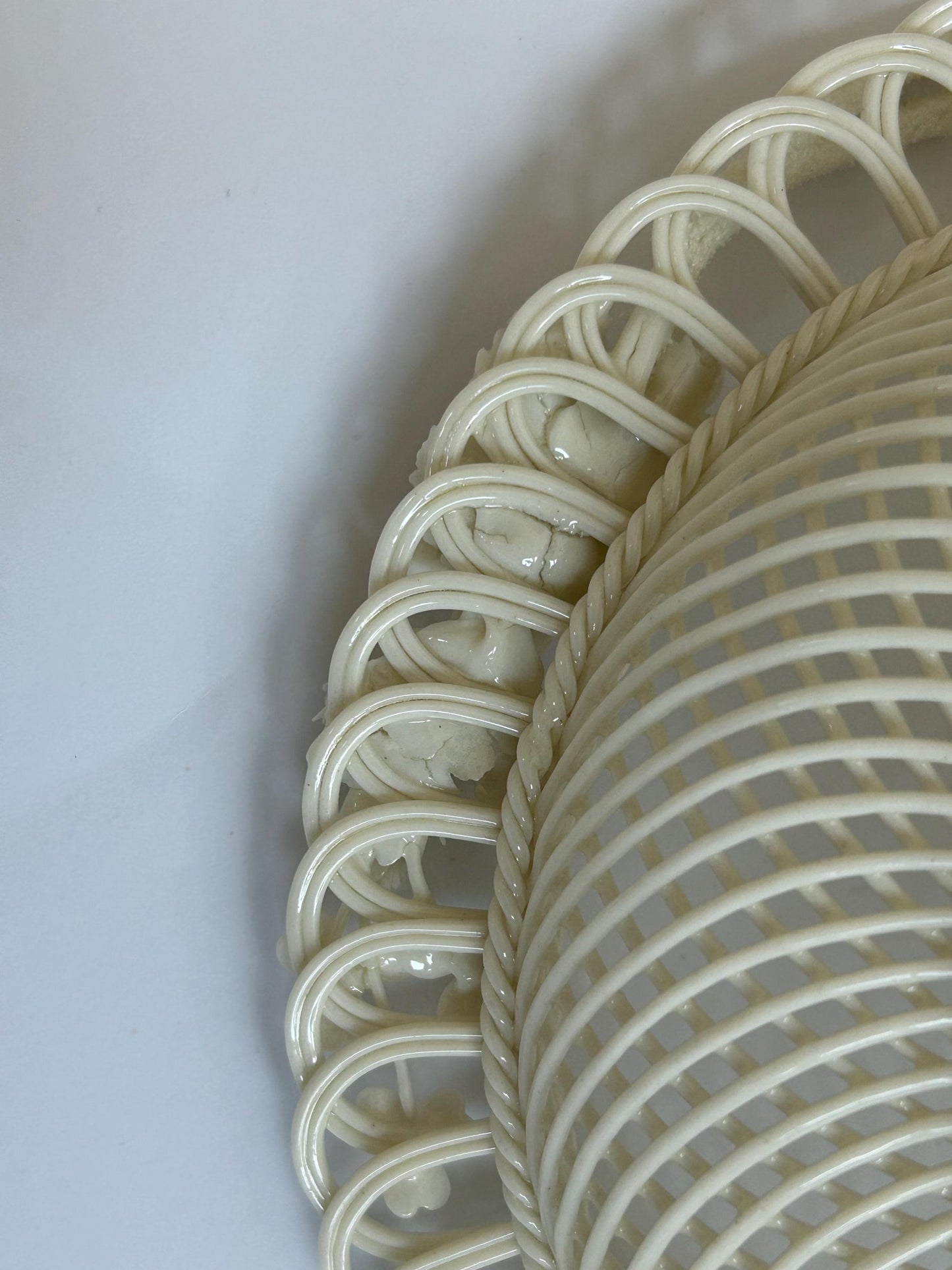 Antique Belleek Basket c.1921-1954, Hand-Woven Irish Porcelain, Applied Roses Shamrocks, 4-Strand Black Mark Era, Fermanagh Ireland