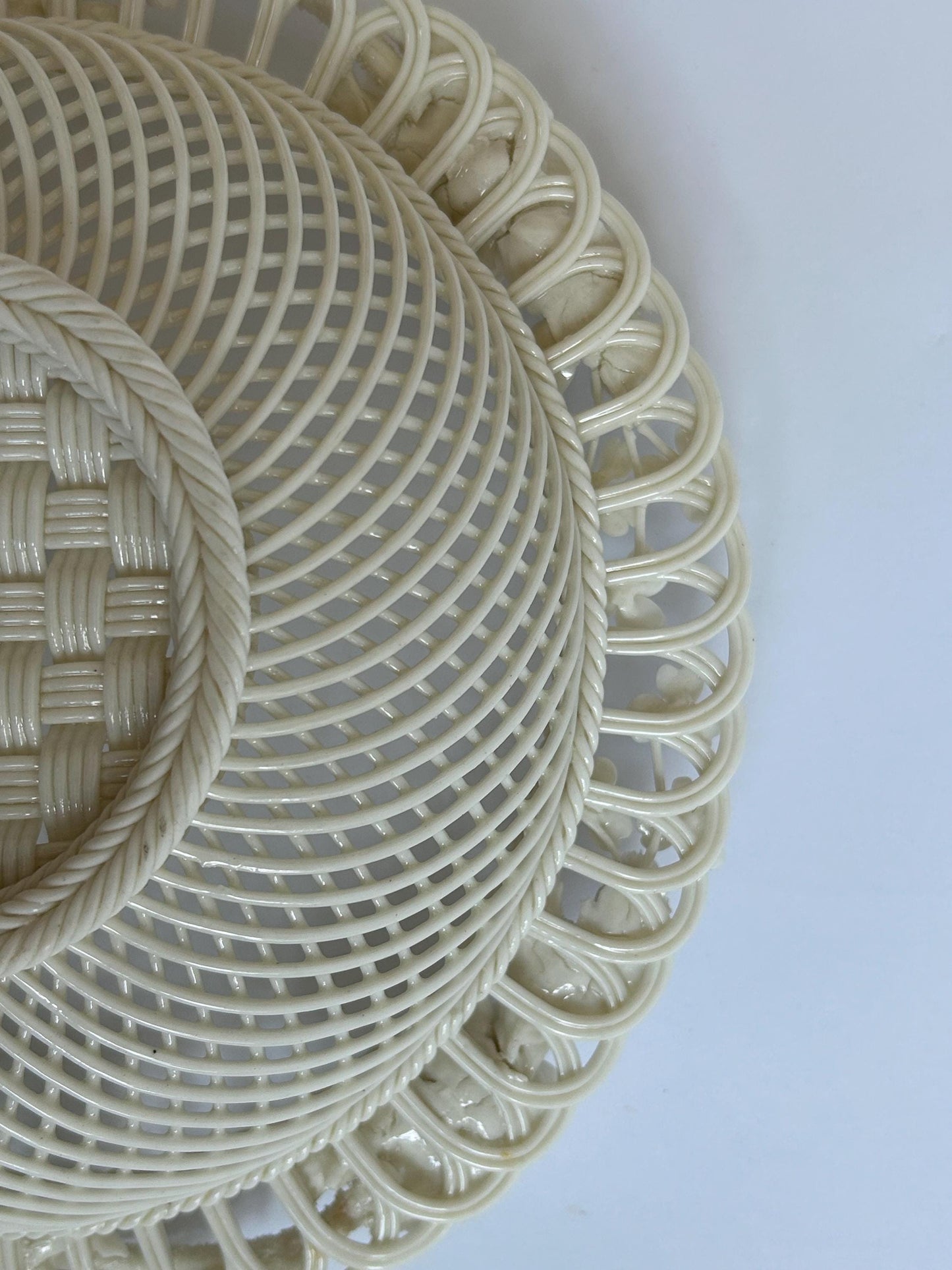 Antique Belleek Basket c.1921-1954, Hand-Woven Irish Porcelain, Applied Roses Shamrocks, 4-Strand Black Mark Era, Fermanagh Ireland