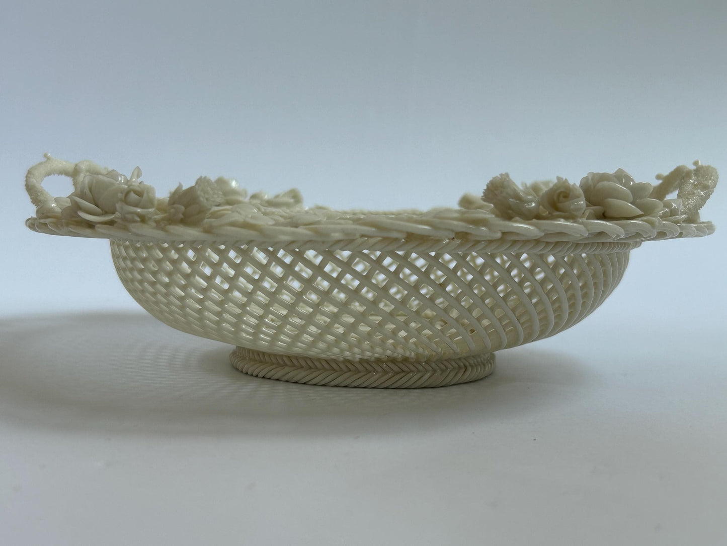 Antique Belleek Basket c.1921-1954, Hand-Woven Irish Porcelain, Applied Roses Shamrocks, 4-Strand Black Mark Era, Fermanagh Ireland