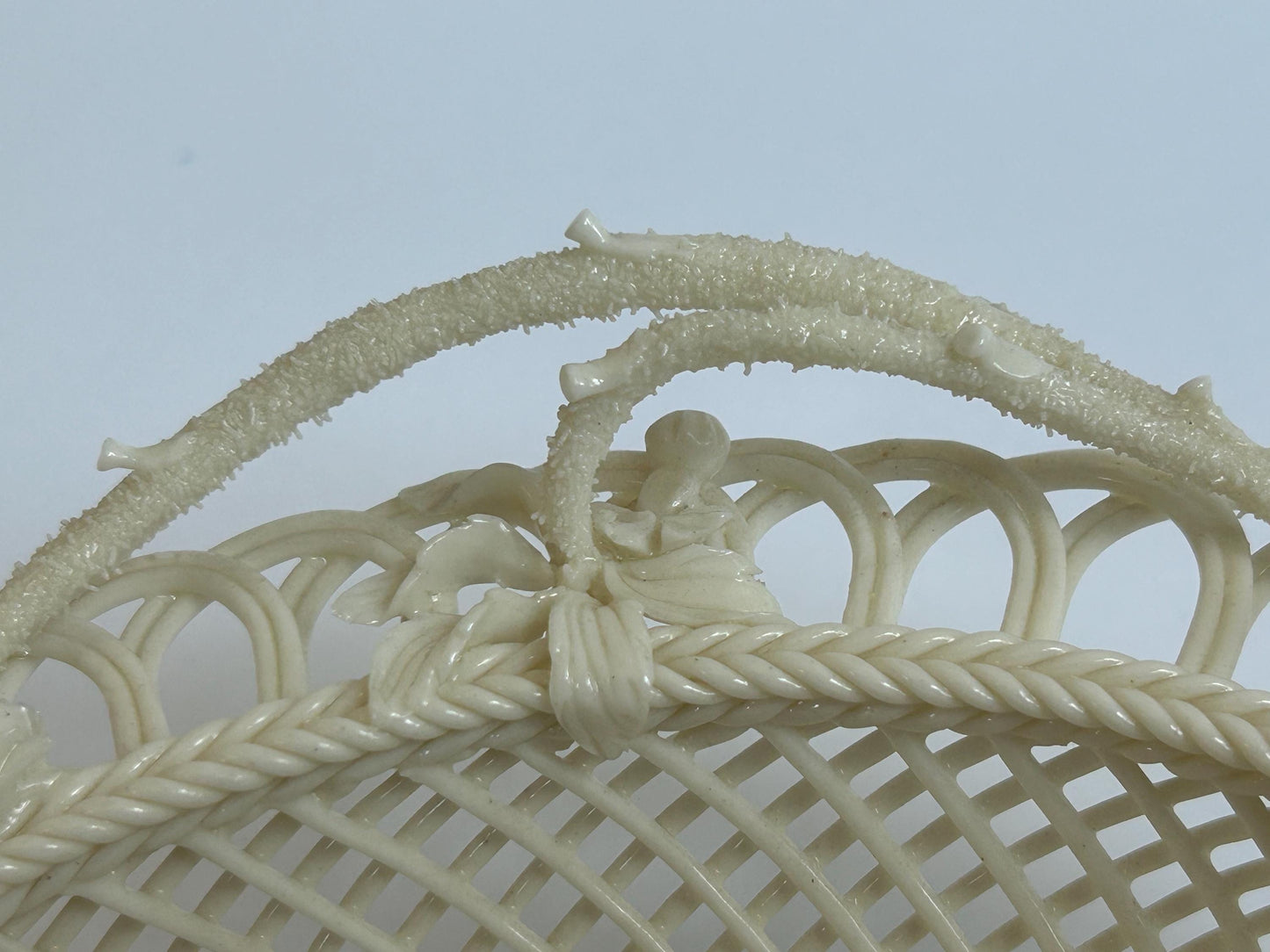 Antique Belleek Basket c.1921-1954, Hand-Woven Irish Porcelain, Applied Roses Shamrocks, 4-Strand Black Mark Era, Fermanagh Ireland