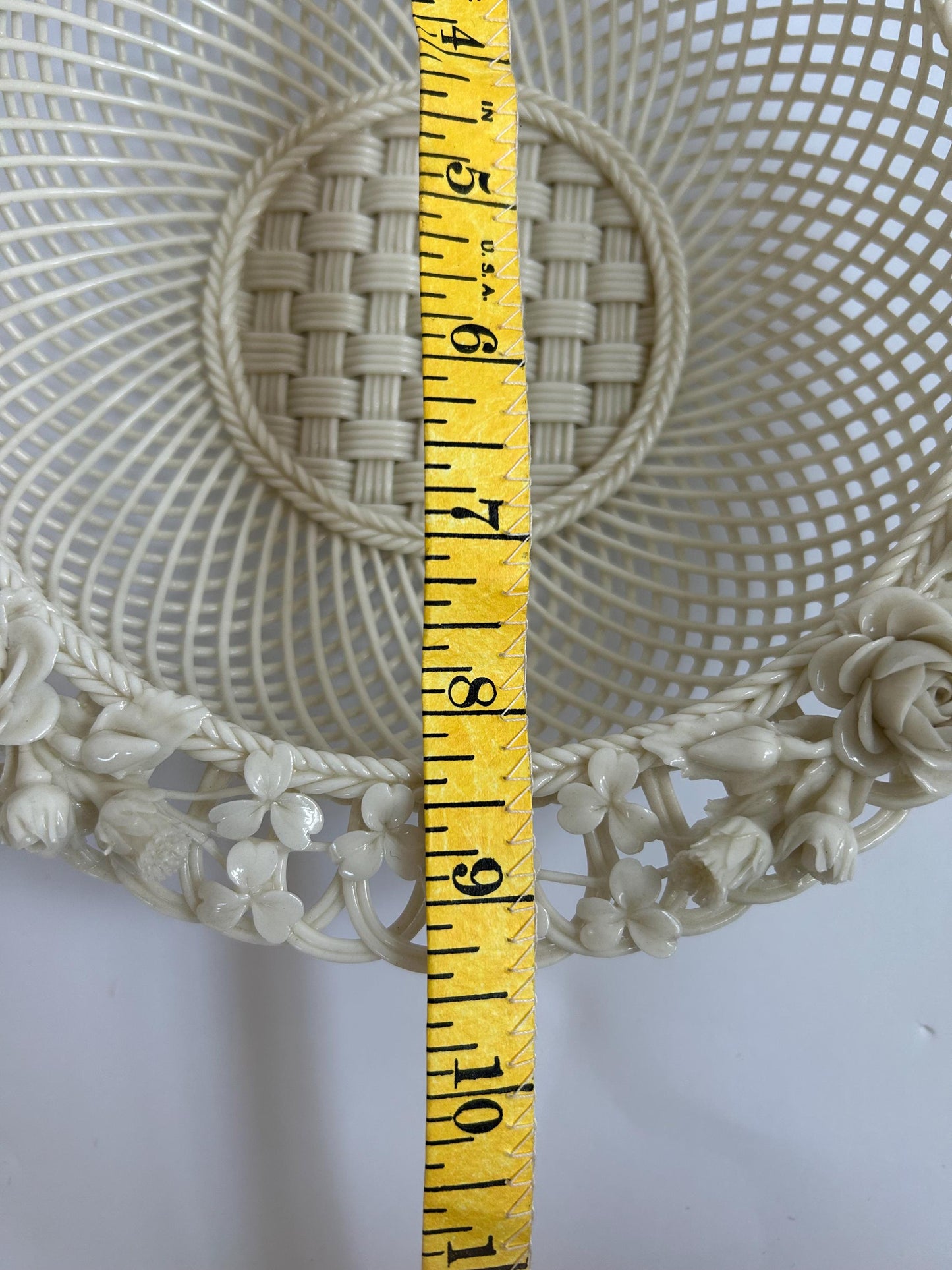 Antique Belleek Basket c.1921-1954, Hand-Woven Irish Porcelain, Applied Roses Shamrocks, 4-Strand Black Mark Era, Fermanagh Ireland