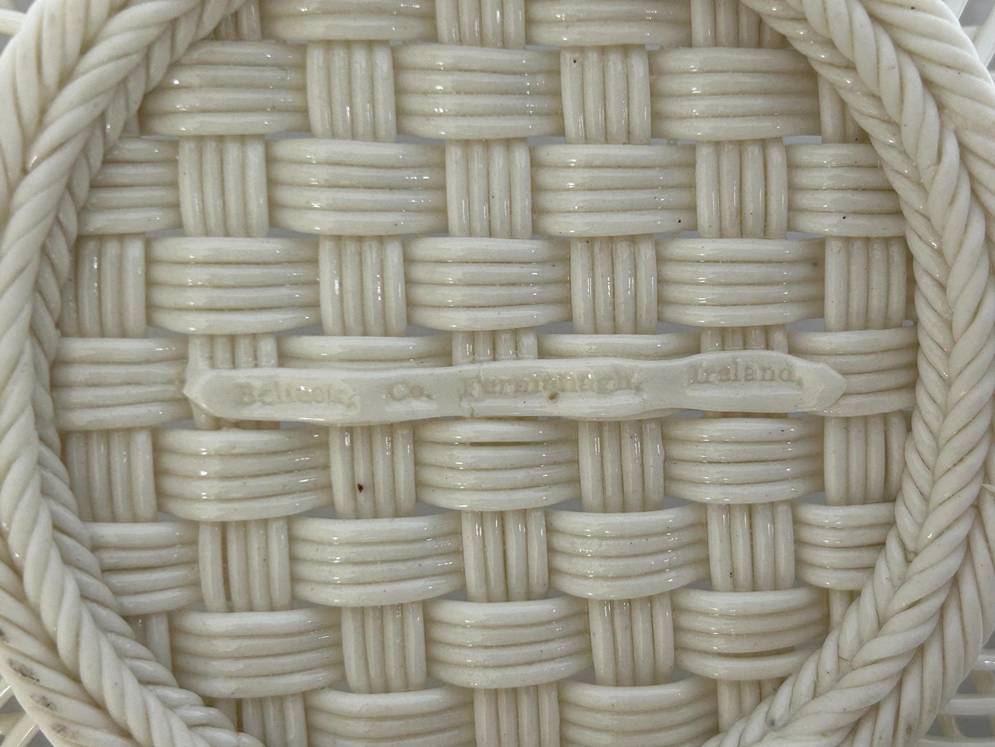 Antique Belleek Basket c.1921-1954, Hand-Woven Irish Porcelain, Applied Roses Shamrocks, 4-Strand Black Mark Era, Fermanagh Ireland